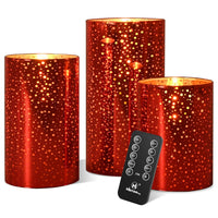 M Mirrowing Red Glass Flameless Candles with Remote and Timer, Battery Operated Candles Warm White Flicking LED Light, Real Wax Candles for Festival Wedding Home Party Decor (Set of 3)