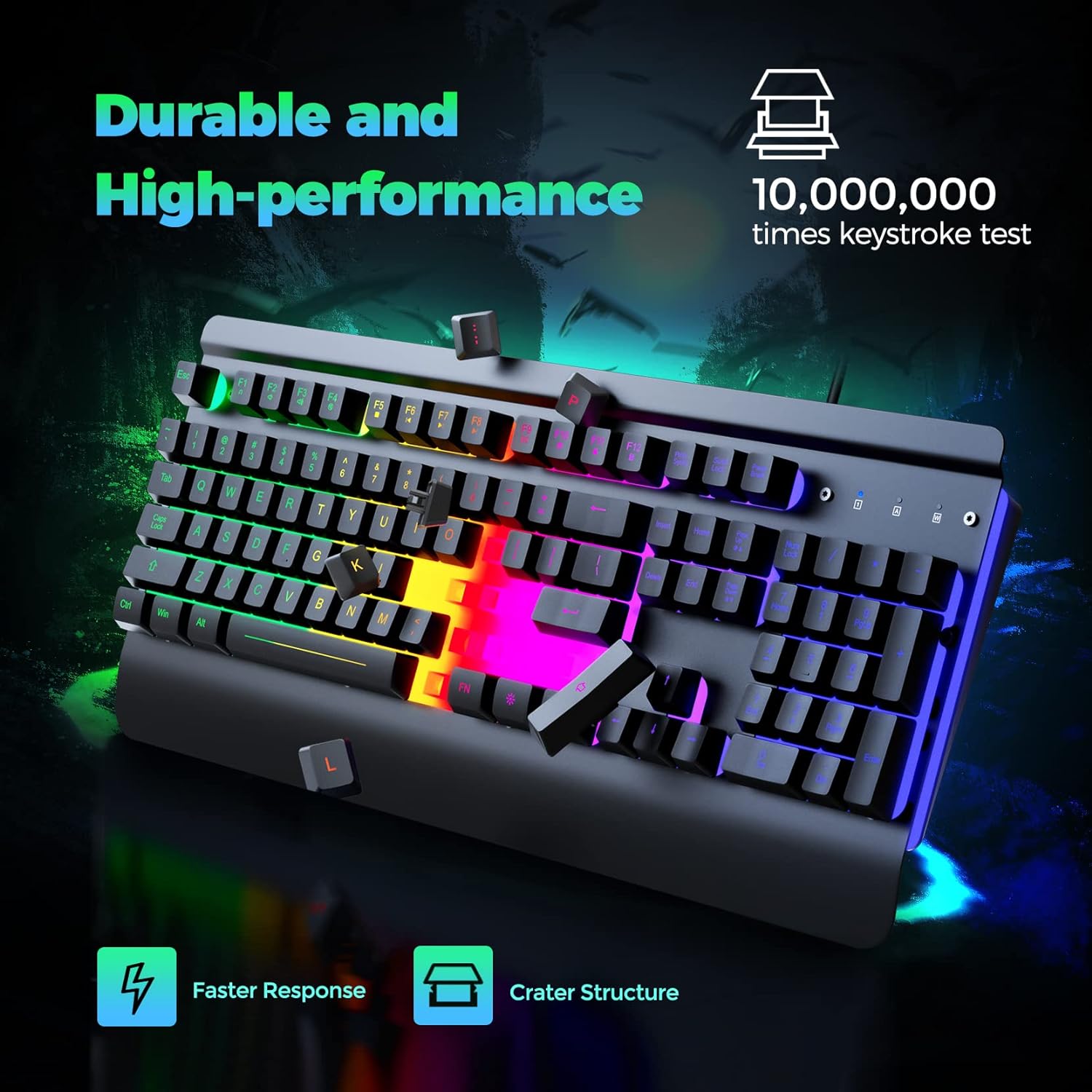 Gaming Keyboard, 104 Keys All-Metal Panel, Dacoity Rainbow LED Backlight Quiet Keyboard, Wrist Rest, Waterproof Light-Up USB Wired Keyboard for Office PC, Mac Xbox