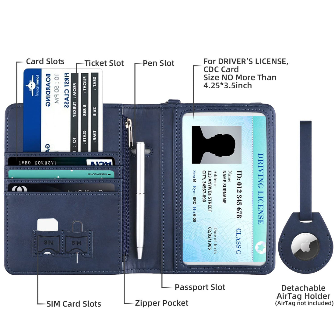 WALNEW AirTag Passport Holder and Vaccine Card Holder Combo, RFID Blocking Travel Passport Wallet with Vaccine Card Protector Slot and Airtag Protective Case, Navy Blue