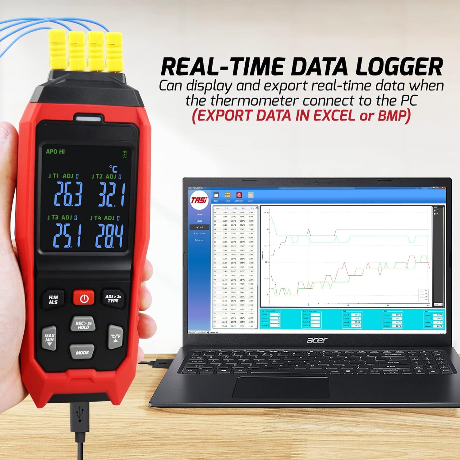 K Type Thermocouple Thermometer 4 Channels Thermometer Data Logger with Sound & Light Alarm and Real-time Data Logging