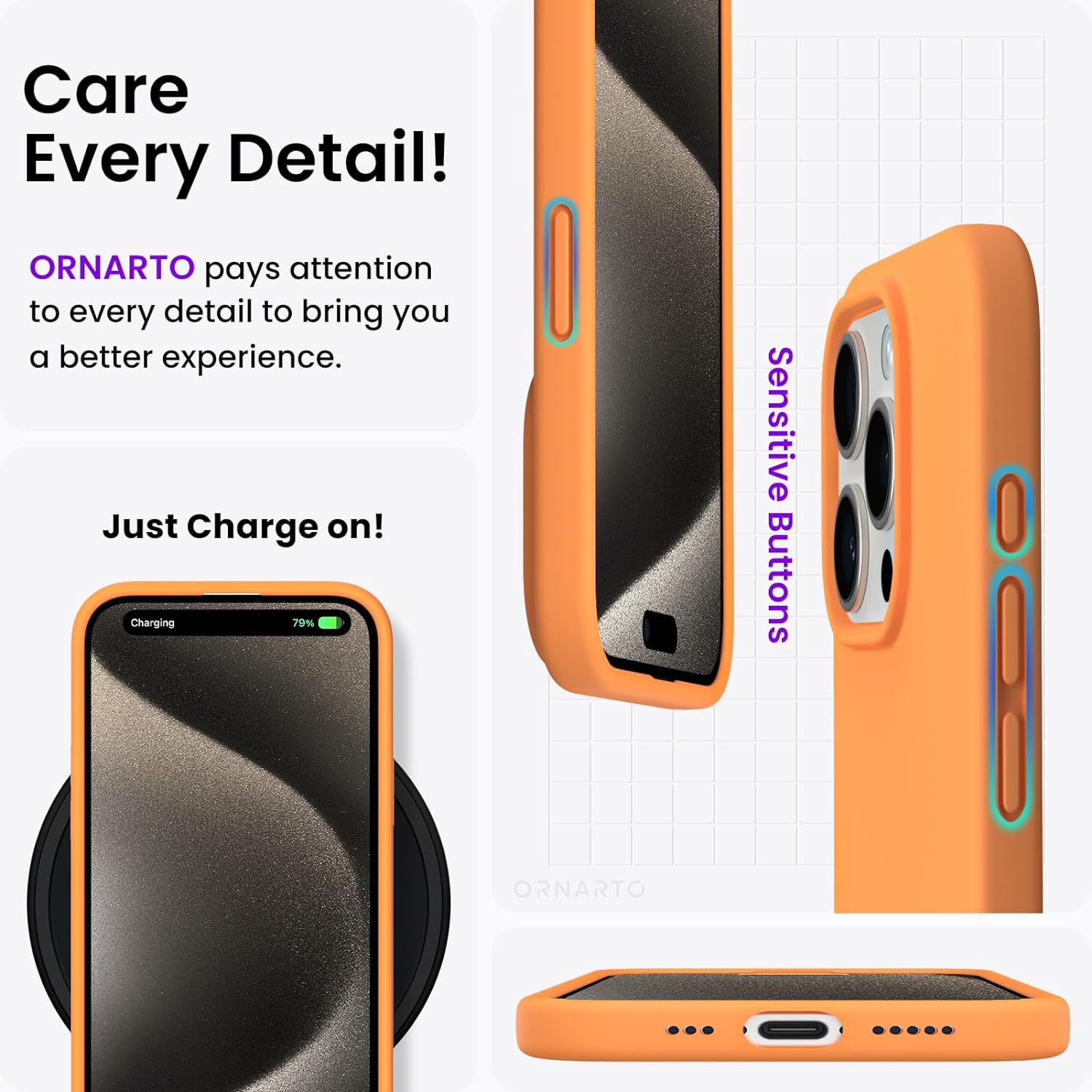 ORNARTO Compatible with iPhone 15 Pro Case 6.1", Liquid Silicone 3 Layers Full Covered Soft Gel Rubber Cover, Shockproof Protective Slim Phone Case with Anti-Scratch Microfiber Lining-Marigold