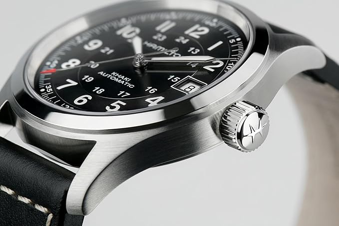Men Watch: Hamilton Khaki Field Automatic 38mm Stainless – Close-up Detail