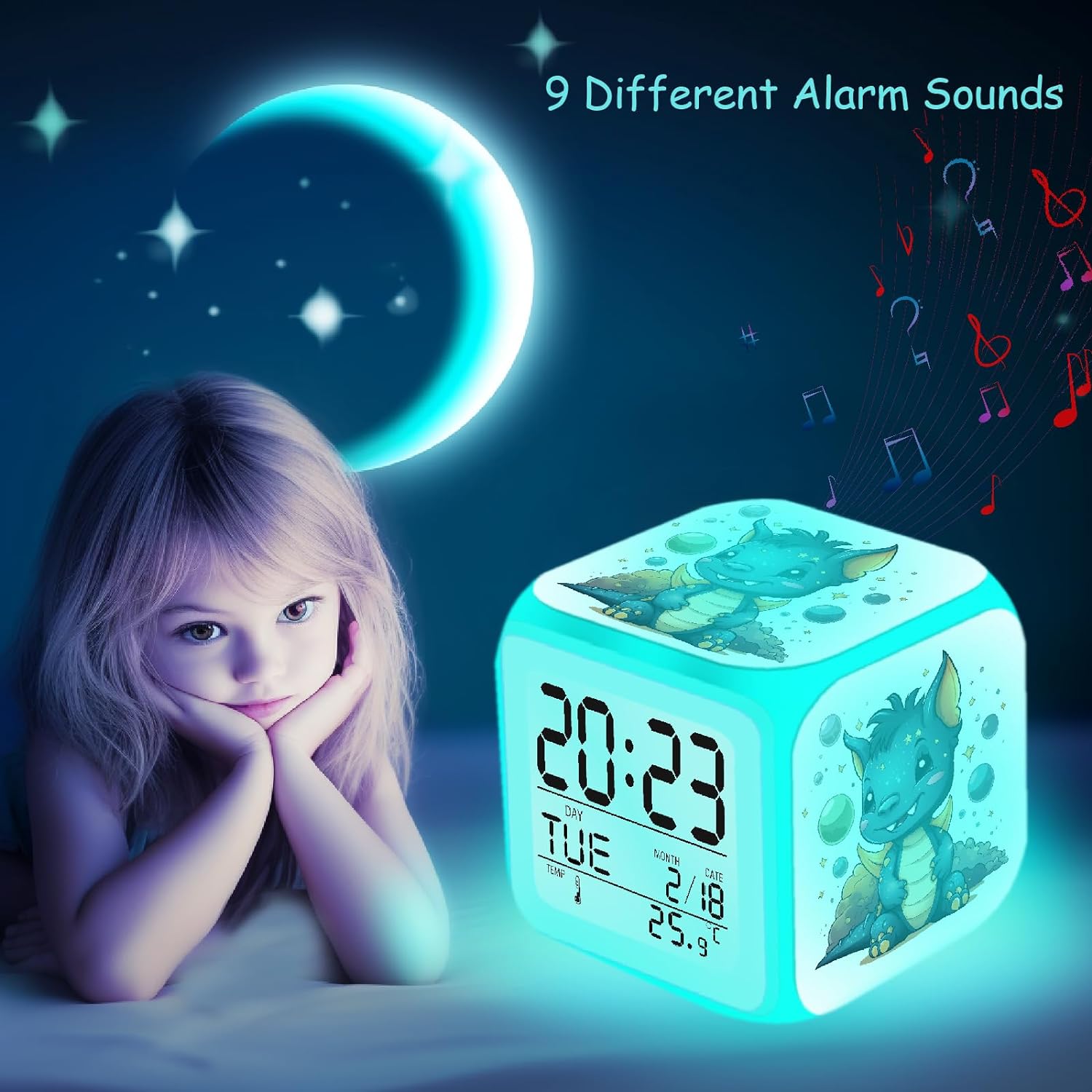ZonleeApex Kids Digital Alarm Clock with Dragon for Boys Girls Ages 6-13, Cute Cube Introductory Alarm Clock with Night Light for Bedroom Decor Gift Ideas (3.15x3.15x3.15inch)