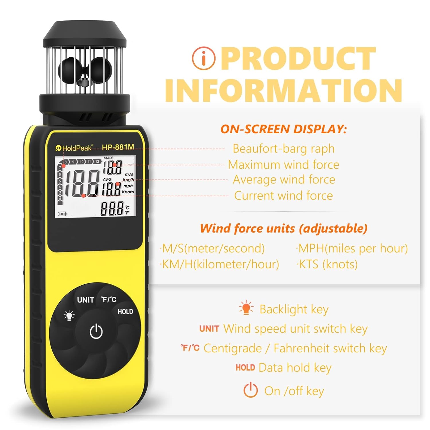 Digital Anemometer Handheld Wind Speed Meter, HOLDPEAK 881M Digital Cup Anemometer Wind Speed Gauge with Compass, LED Screen, Data Hold, 360° Outdoor Wind Velocity Measurement 0.7~42m/s, ℃/℉, Yellow