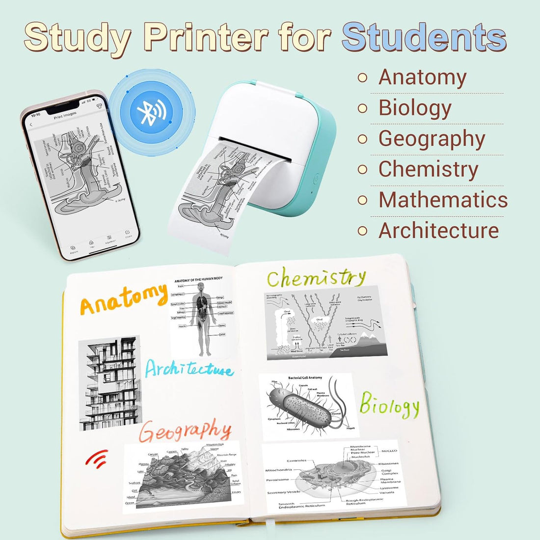 Sticker Printer - Mini Thermal Printer, T02 Sticker Maker Machine, Portable Bluetooth Pocket Phone Printer for Anatomy Flashcards, Journal, Photos, Notes, Kids Gift, Green