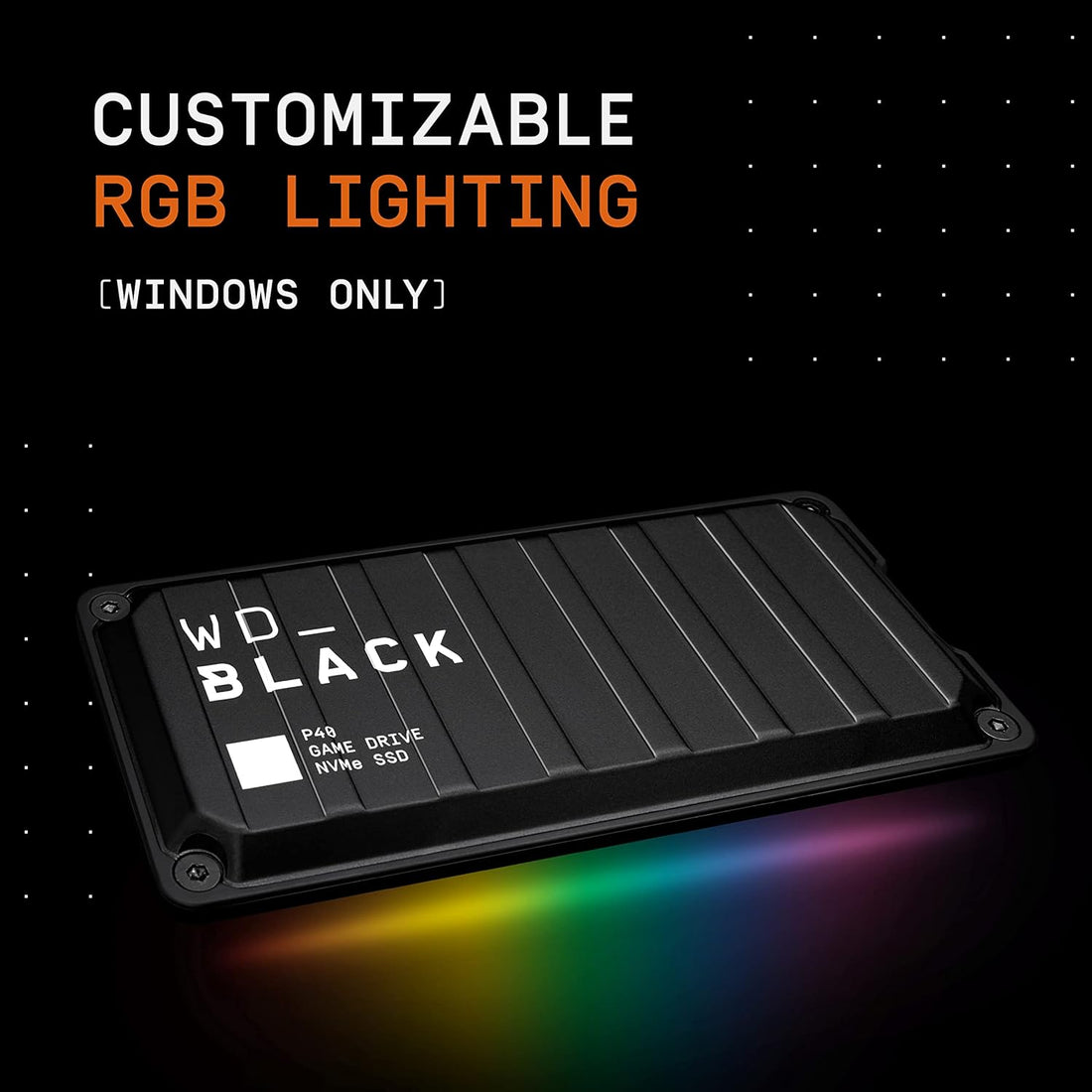WD_Black P40 Game Drive 500GB, 2000MB/s R, 2000MB/s W, USB 3.2 Gen2X2, Customisable RGB Lighting for Desktop, Mac, Gaming Console