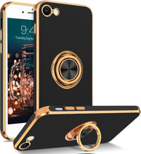 BENTOBEN iPhone SE 2022 Case, iPhone SE 2020 Phone Case, iPhone 8/7 Case, Slim Fit Sparkly Soft TPU Protection Kickstand Ring Holder Shockproof Bumper Drop Protective Girls Women Men Cover, Black/Gold