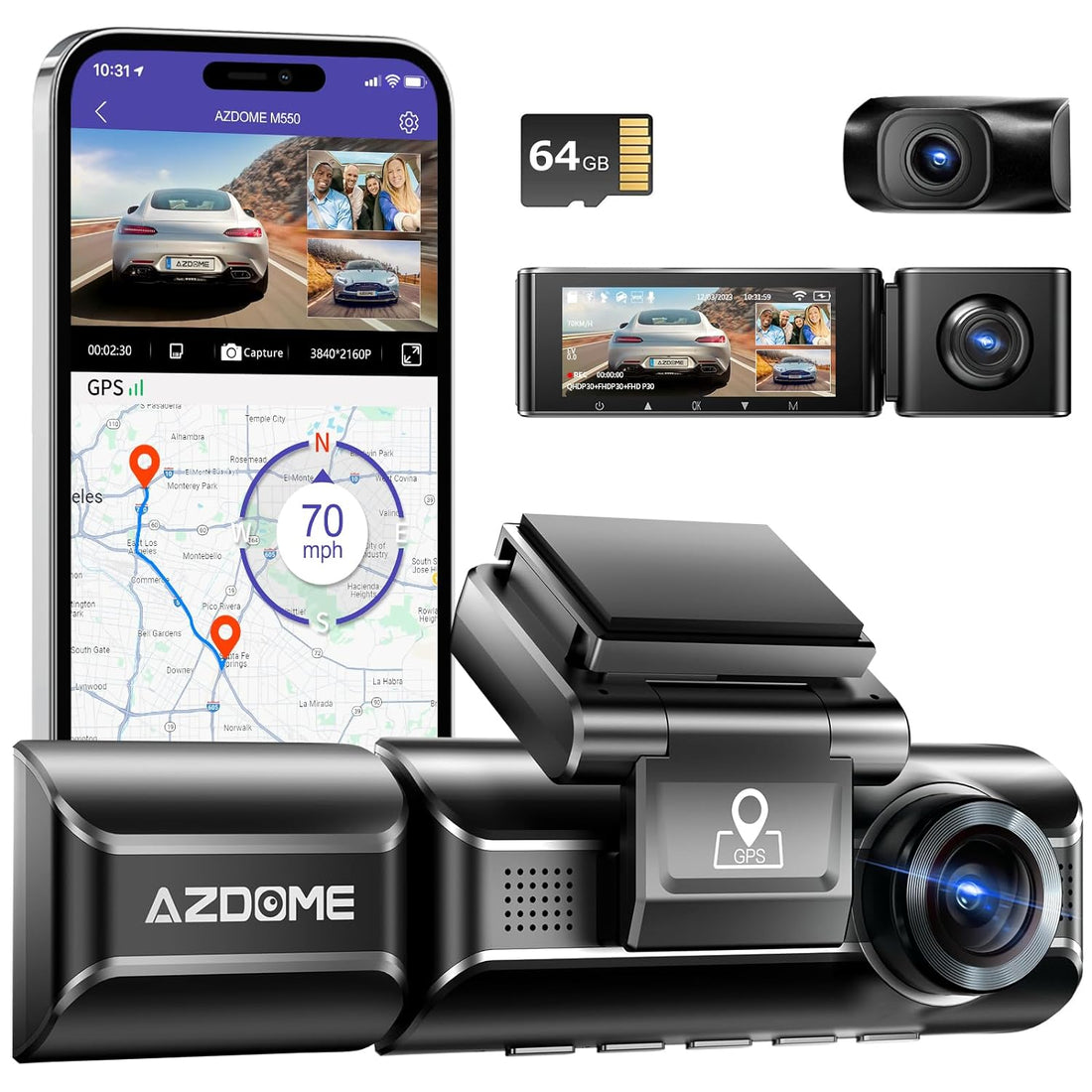 AZDOME M550 4K WiFi 3 Channel On Dash Cam, Dual Front and Rear for Car 4K+1080P Free 64GB Card, Built-in GPS 24H Parking Mode IR Night Vision WDR 3.19" IPS, Max up Support to 256GB