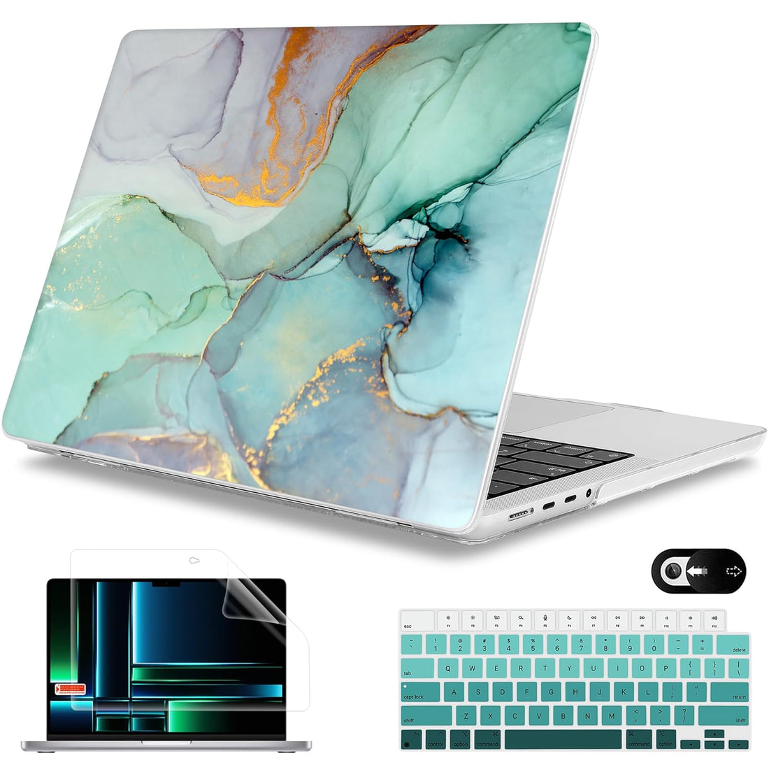 Mektron for MacBook 16 inch Case 2021 Pro A2485 with Touch ID, Scratch Resistance Protective Cover Keyboard Skin Screen Protector Webcam Cover Compatible with MacBook 16" M1 Pro / Max, Green Marble