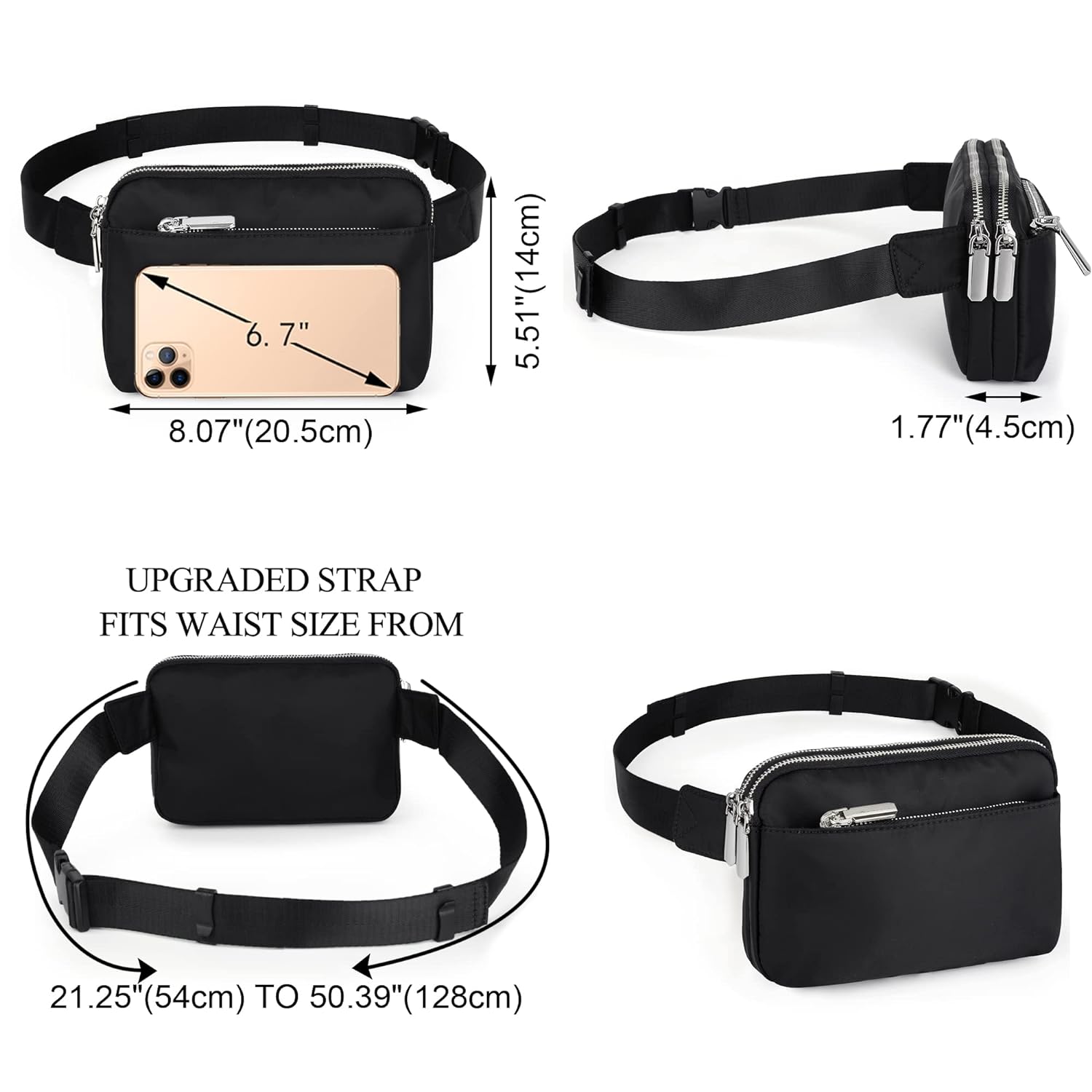UTO Fanny Pack for Women Men Belt Bag Fashion Designer Chest Waist Packs Hip Bumbags for Outdoors Shopping Workout Traveling Hiking, 01222 Black, Small