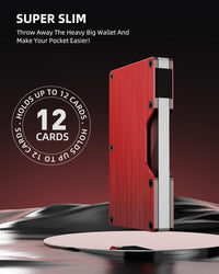KEYMARX Metal Wallet for Men Slim Minimalist RFID Blocking Front Pocket Carbon Fiber Wallet Card Holder with Cash Strap, Red, Minimalist