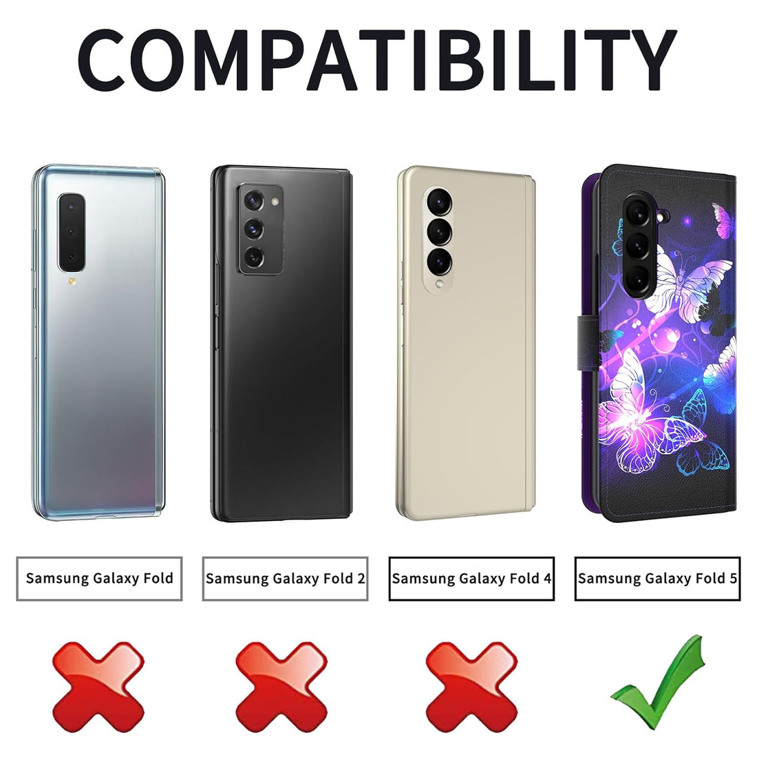 for Samsung Galaxy Z Fold 5 Case, Galaxy Z Fold 5 Case Leather Protective Samsung Z Fold 5 Wallet Case, Purple Butterfly