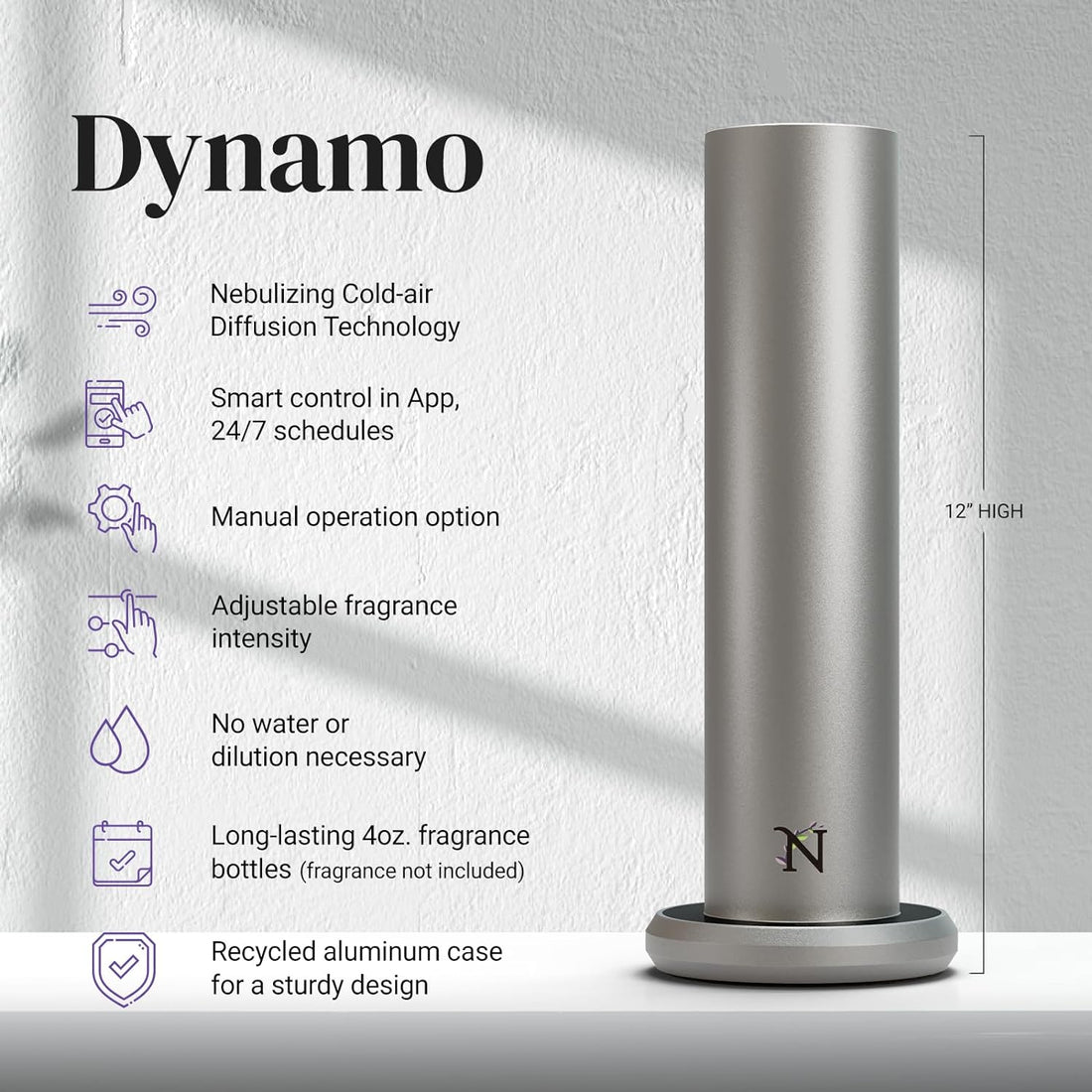 Natscent Updated Dynamo Essential Oil Diffusers, App or Manual Control, Plug & Play, Smart Diffusers for Essential Oils Large Room, Cold Air Diffusers for Home, Office ~1000 sq.ft – Titanium