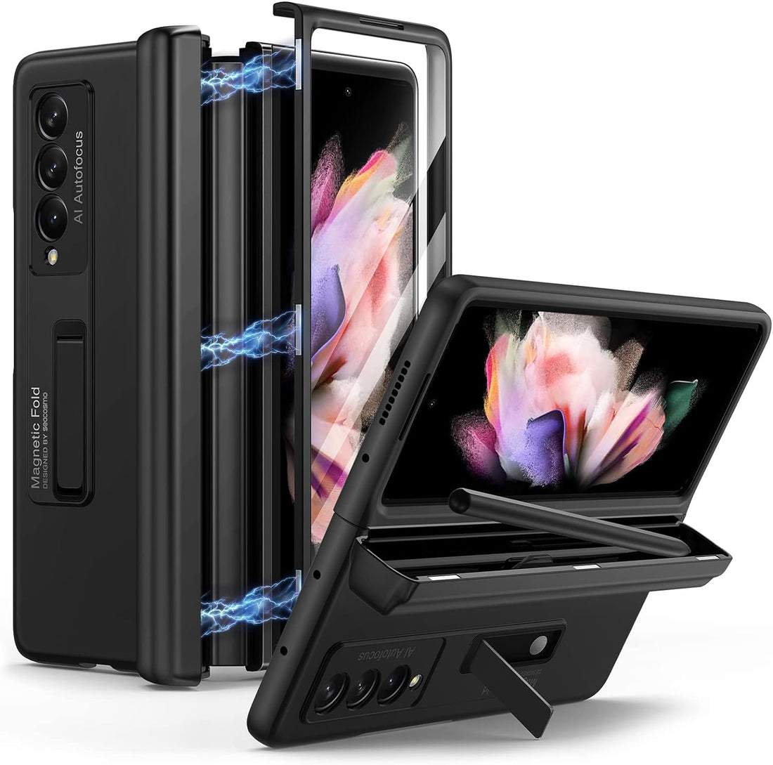 seacosmo case for Samsung Galaxy Z Fold 3, with Pen Holder & Kickstand & Magnetic Hinge Protector, Bulit in Screen Protector, Durable Rugged Shockproof Protective Case - Black