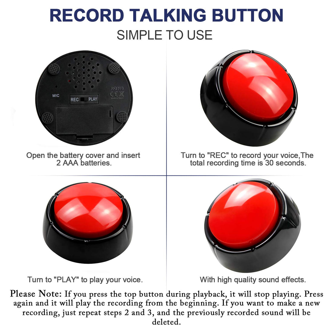 MakeSound Recordable Talking Button 30 Seconds Record Button Easy Button Answer Buzzers Custom Sound Button for Communication Study Office Home Game Gift(Batteries Included)