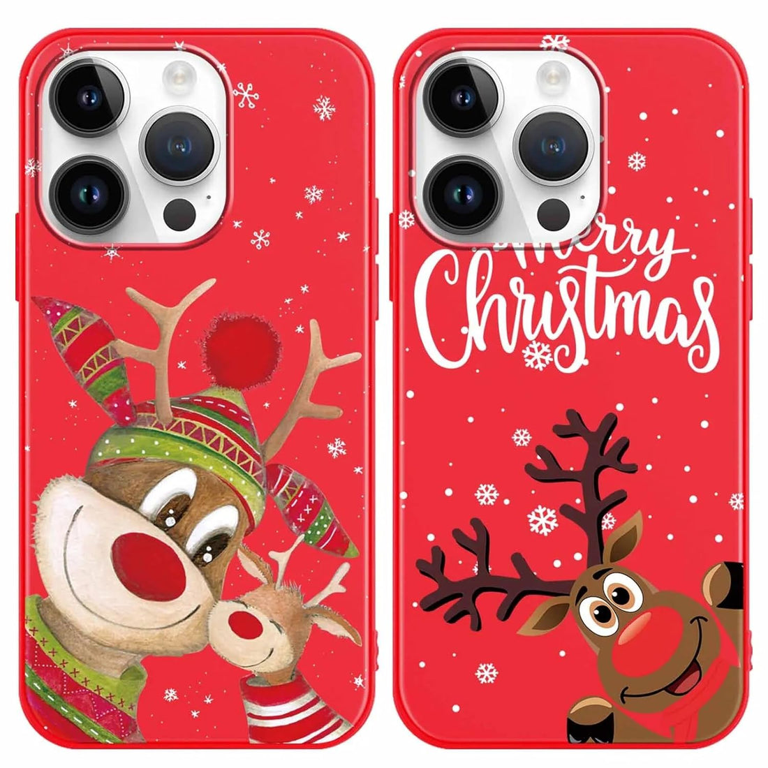 RUMDEY 2 Pack Cute Christmas Case for iPhone 15 Pro“,Red Snowman Elk Merry Christmas Pattern Soft Silicone TPU Pretty Flexible Protective Funda for Kid Girls Women