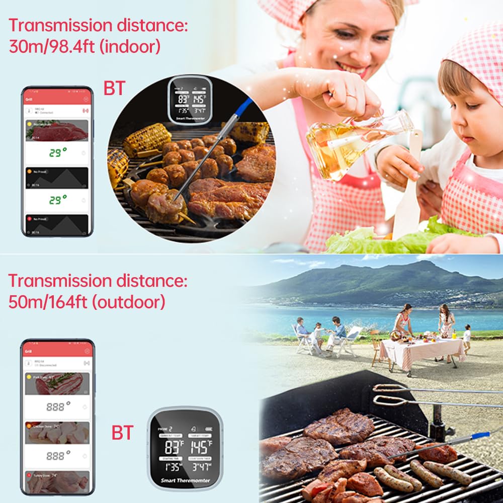 RUSUO Meat Thermometer LCD Digital Food Grill Thermometer with Alarm 2 Probes APP Control Thermometer Cooking Food Meat Thermometer for Grill/Oven/BBQ