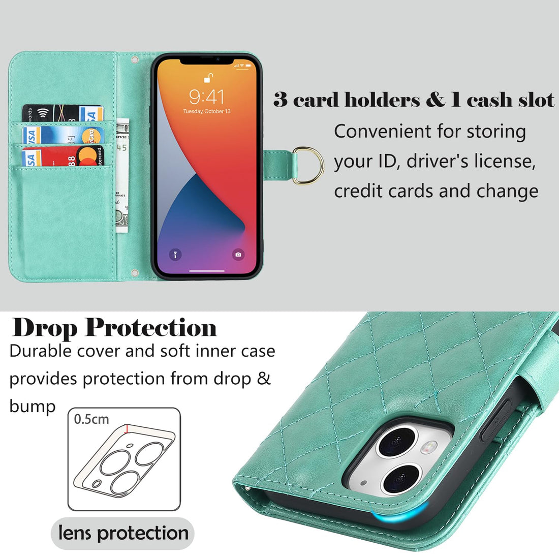 Ｈａｖａｙａ Crossbody Phone case for iPhone 15 Plus case with Strap for Women iPhone 15 Plus case with Card Holder iPhone 15 Plus Wallet case with Credit Card Slot flip Folio Leather Cover-Green