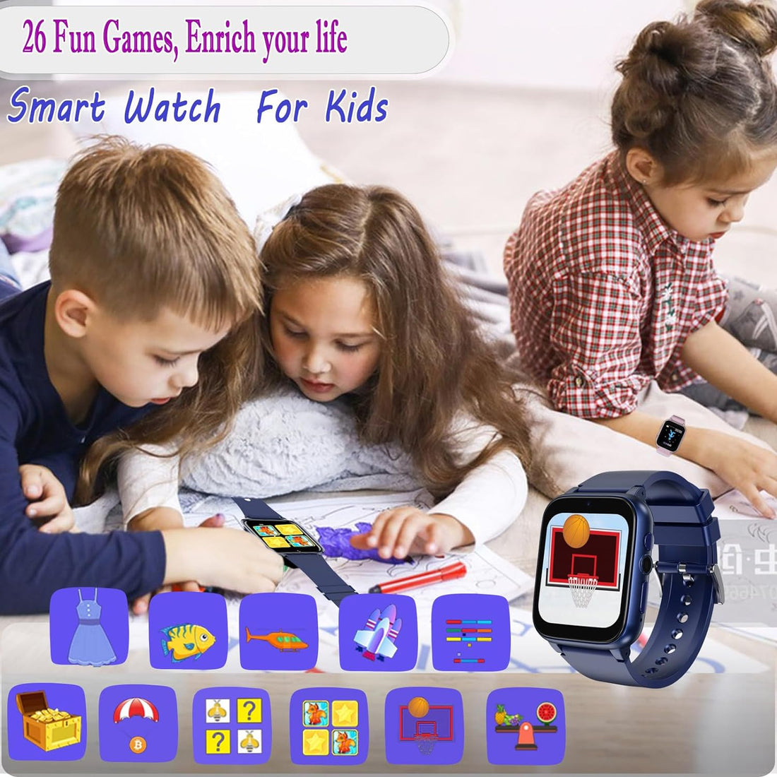 iCHOMKE Smart Watch for Kids, Girls Boys Smartwatch with 26 Games Camera Video Recorder and Player, Pedometer Calendar Flashlight, Audio Book etc., Gifts for 4-12 Years Children (Blue)