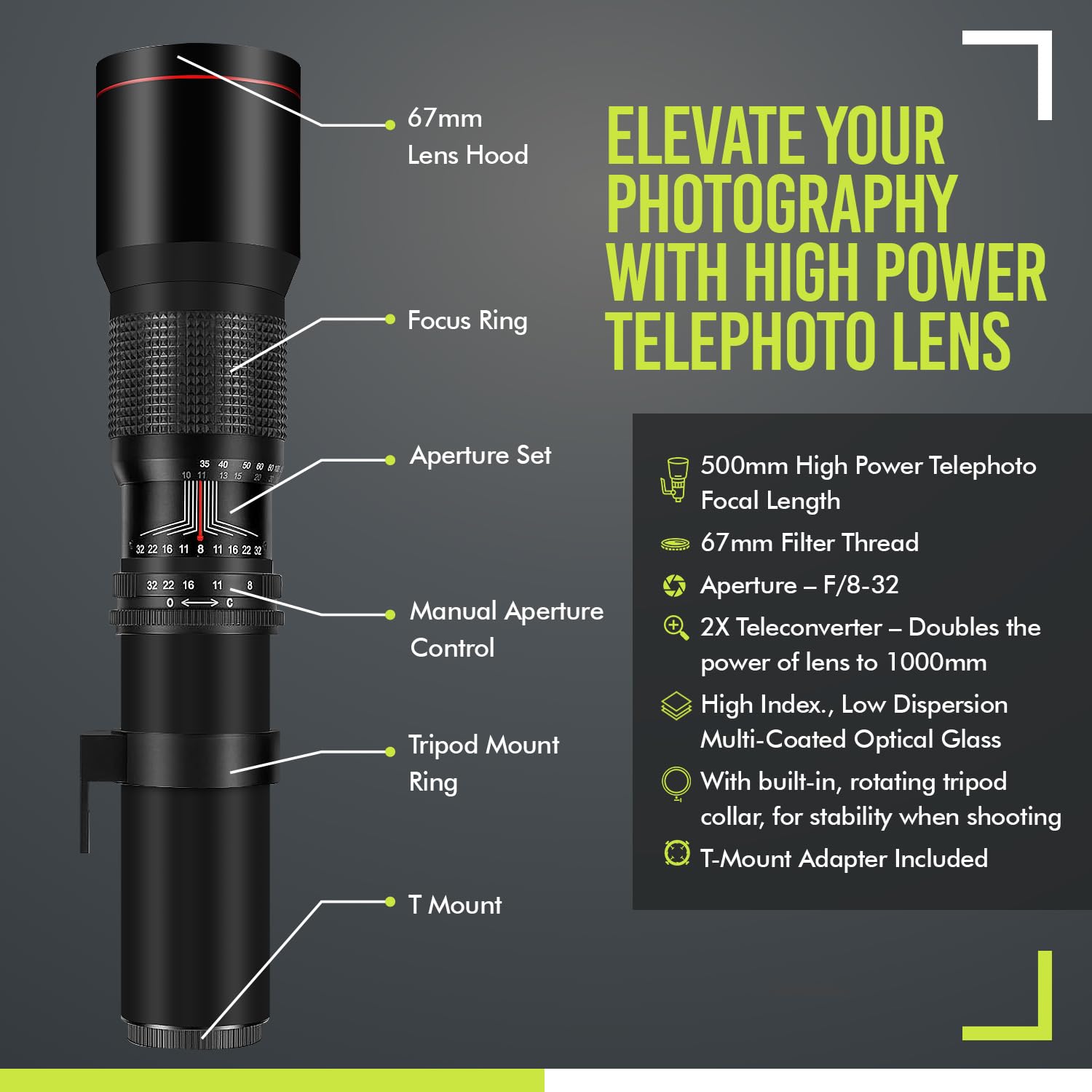 High-Power 500mm/1000mm f/8 Manual Telephoto Lens for Canon Digital EOS Rebel T1i T2i T3 T3i T4i T5 T5i T6i T6s SL1 EOS60D EOS70D 50D 40D 30D EOS 5D EOS1D EOS5D III EOS 5Ds EOS 6D EOS 7D EOS 7D Mark II Digital SLR Cameras - BLACK
