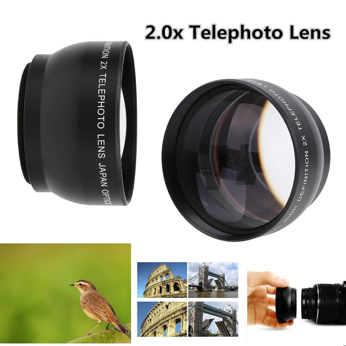 Telephoto Lens, 49MM 2X Magnification HD Telephoto Lens, Aluminum Alloy Teleconverter Lens for 49mm Camera Lens and 62mm Filter