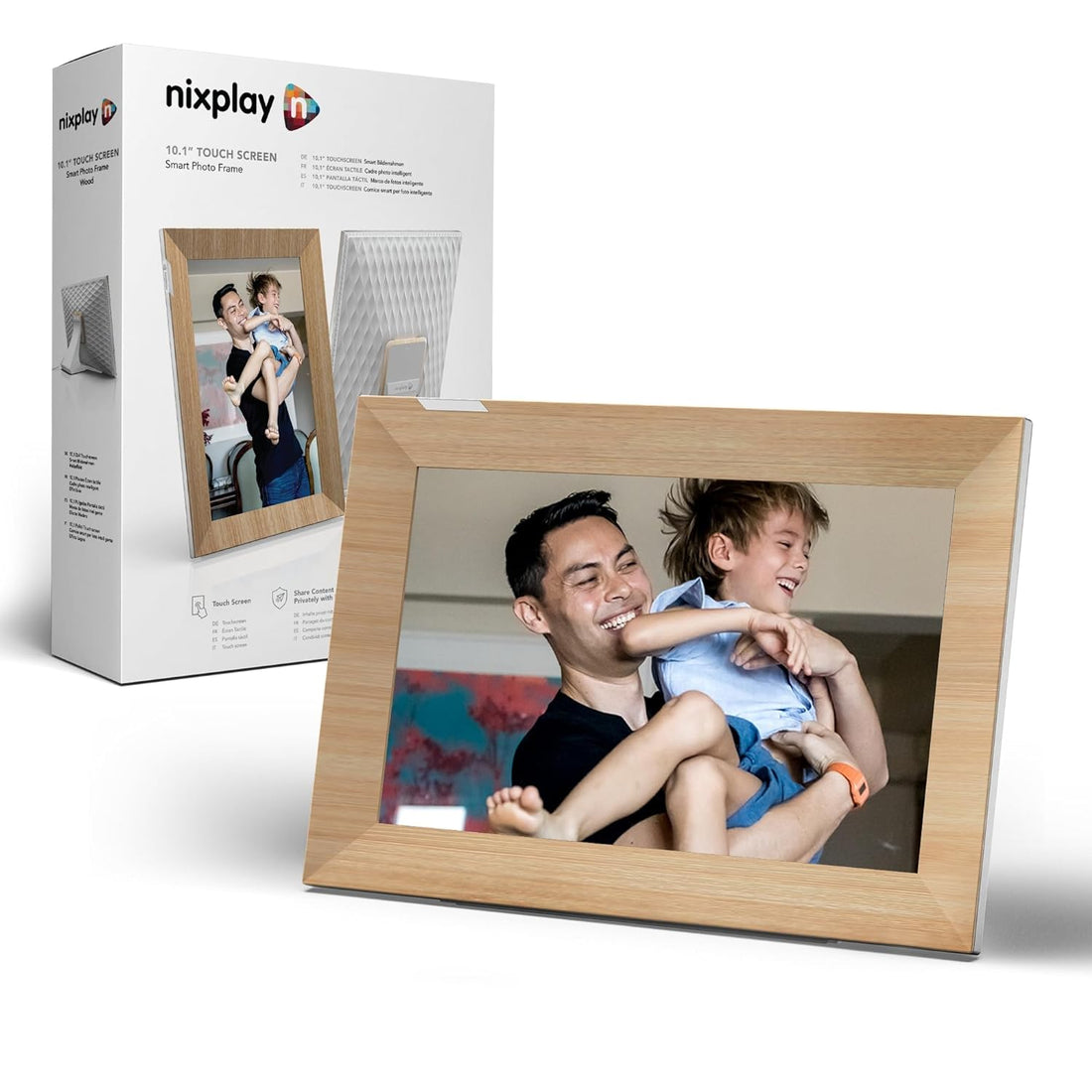 Nixplay 10.1” Digital Photo Frame - Connecting Families & Friends (White/Wood)