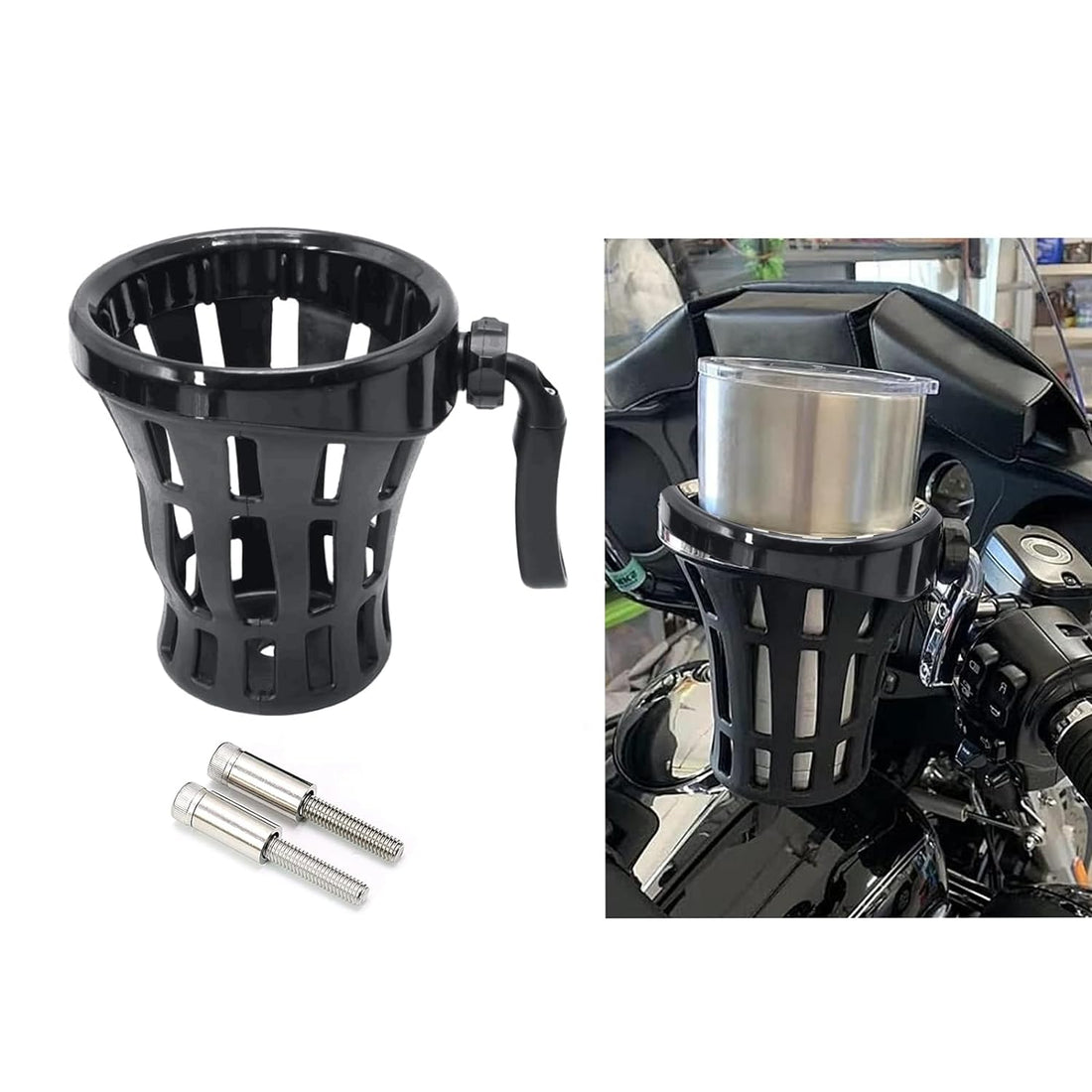 RUNNING PANTHER Motorcycle Handlebar Drink Cup Holder Plated and Rubber Chrome/Black Mount for Harley Davidson Passenger Water Bottle Holder with Mesh Basket for Honda Goldwing GL 1800 (102/142 MM)