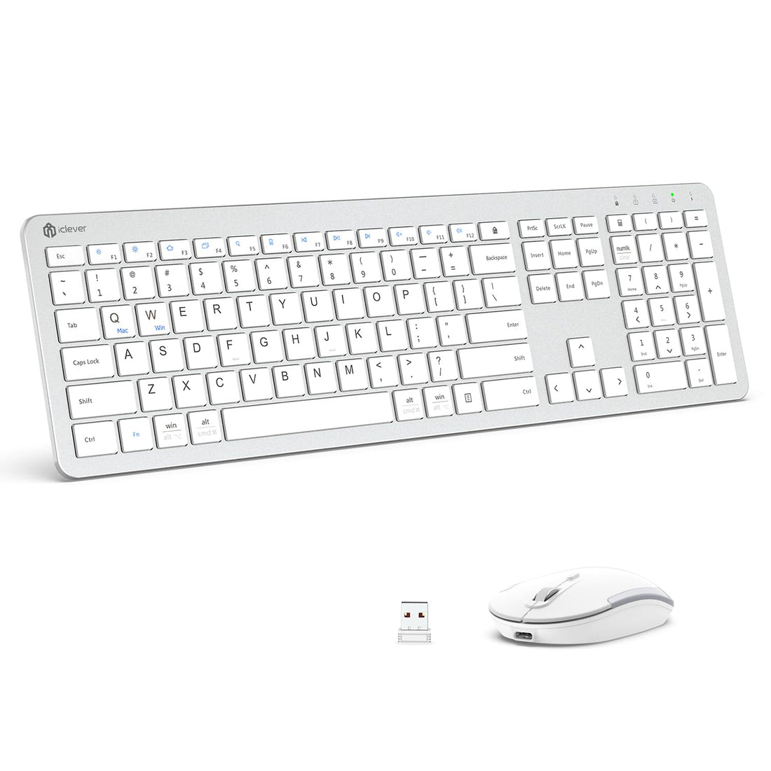 iClever Wireless Keyboard and Mouse GK08 - Rechargeable, Ergonomic, Quiet, Full Size Design with Number Pad, 2.4G Stable Connection Slim Mac Keyboard and Mouse for Windows, Mac OS Computer, Silver