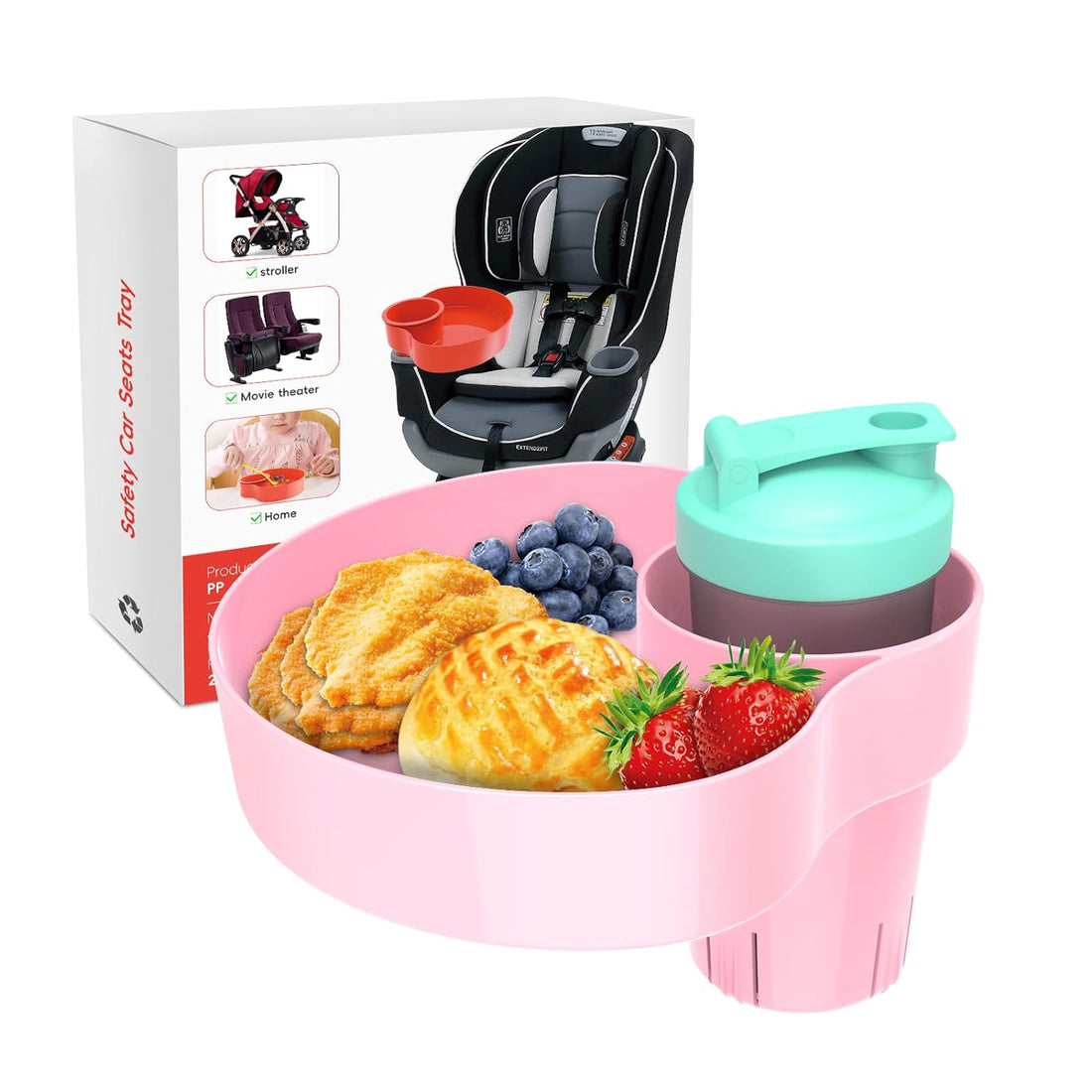 OMYPOTT Kids Car Seat Snack Tray: Travel Trays for Kids Car Cup Holder, Toddler Road Trip Essential, Travel Snacks Food Plate for Stroller, Boosters, and Anywhere with a Cup Holder -Pink