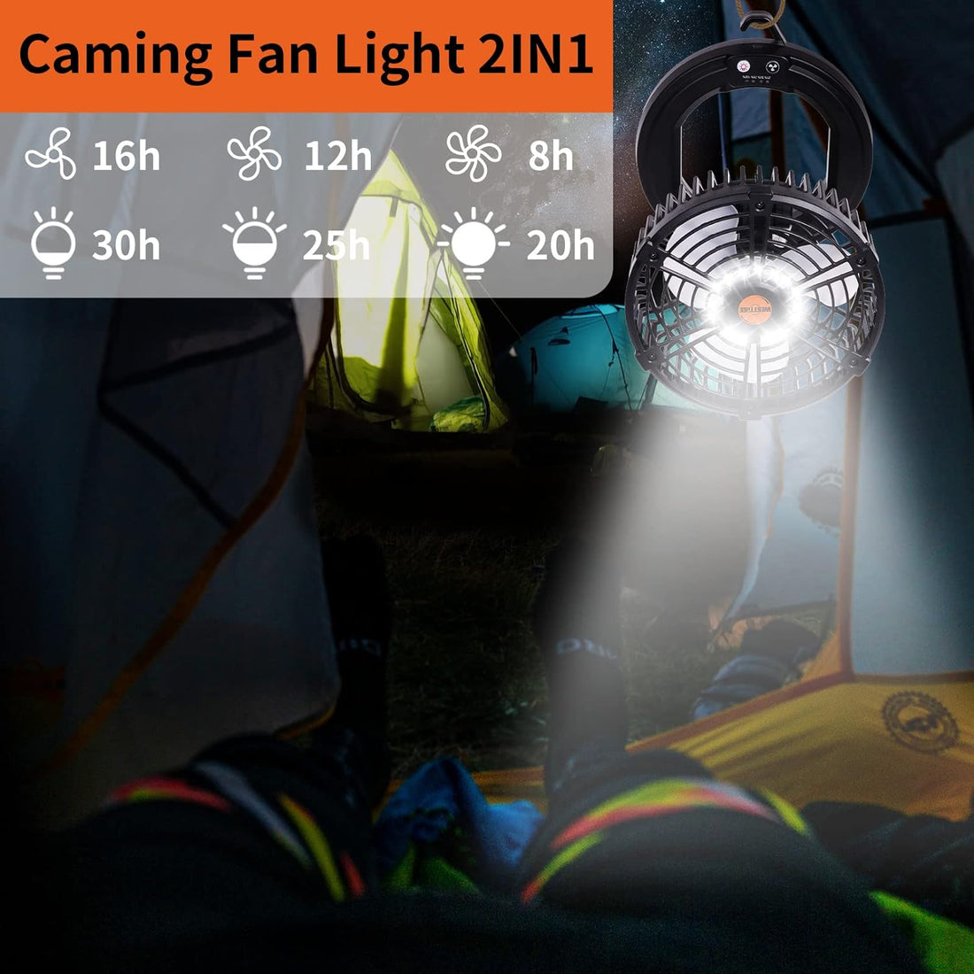 Portable Camping Fan for Tents,Personal USB Desk Fan for Fishing,Battery Operated Fan,36 Hours Work Time, Outdoor Rechargeable Fan with LED Lantern,Hanging Hook,，Black 90