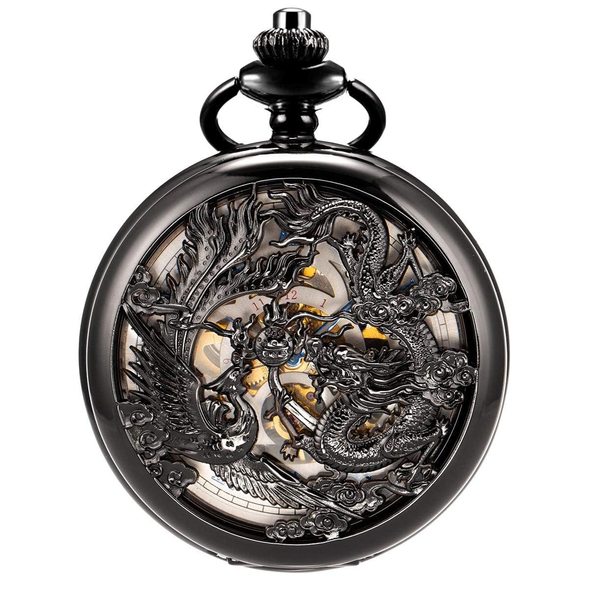 ManChDa Antique Mechanical Pocket Watch Lucky Dragon & Phoenix Black Skeleton with Box, 5-a. Black Blue+Wooden Box