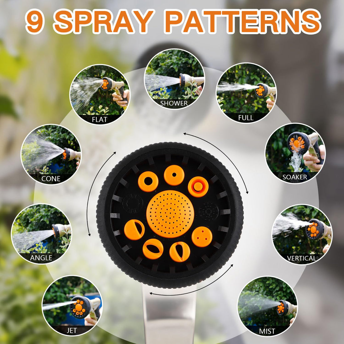 Tesony Garden Hose Nozzle, Heavy Duty Metal Water Hose Sprayer with 9 Adjustable Spray Patterns and Brass Hose Quick Connector, High Pressure Handheld Spray Nozzle Gun for Watering Plants, Car Washing