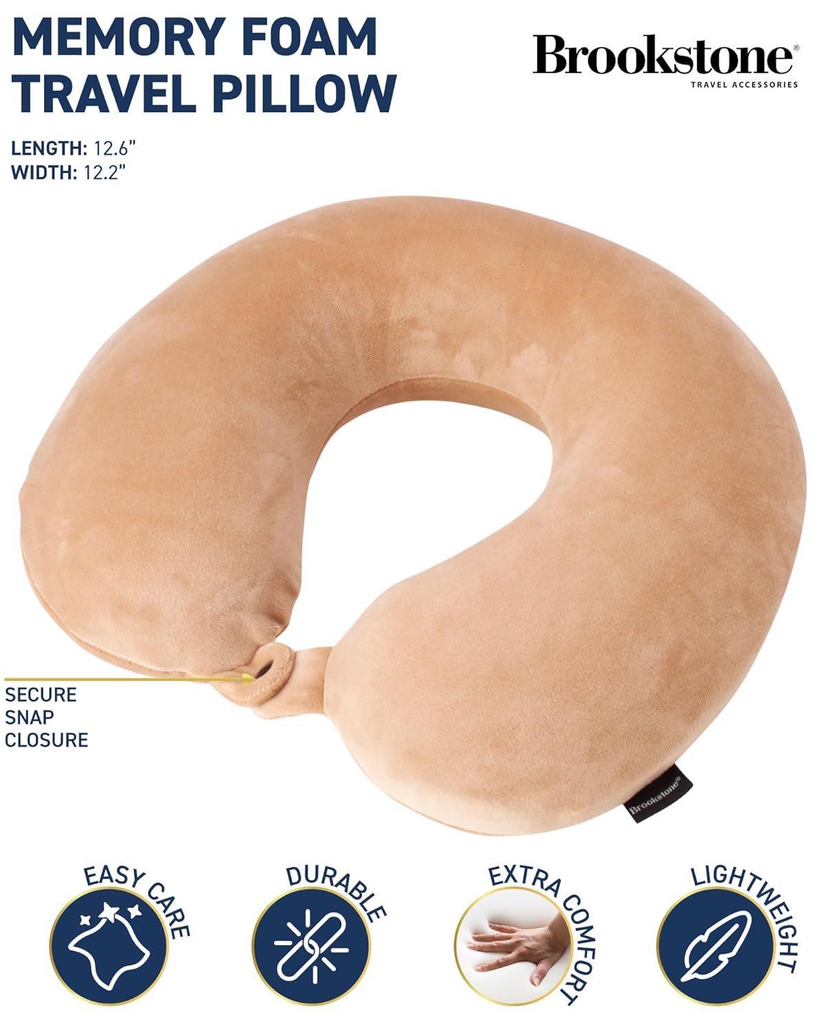 Brookstone Memory Foam Travel Neck Pillow for Vacations, Airplanes, Trains, Buses, and Cars, Khaki