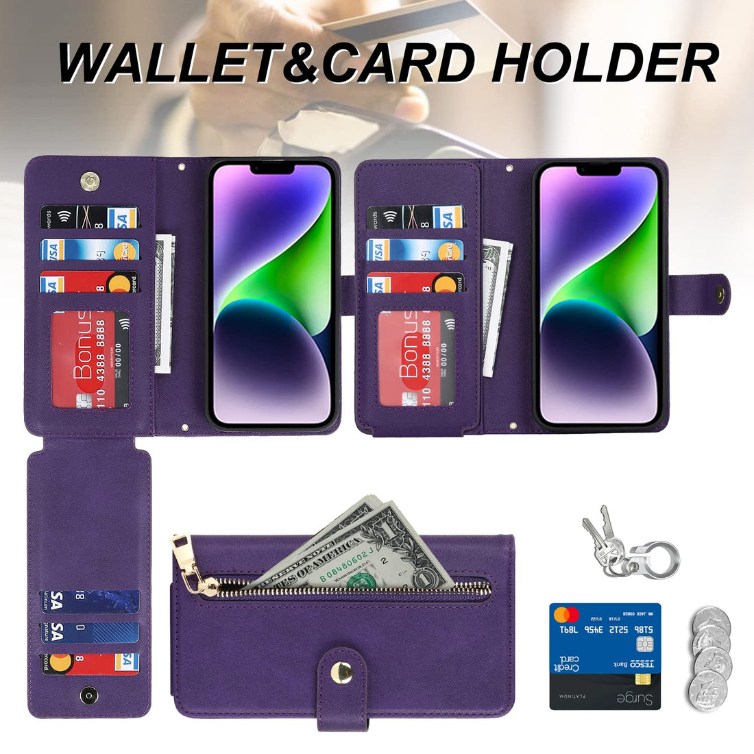 Ｈａｖａｙａ Compatible with iPhone 15 Case Wallet with Card Holder Compatible with iPhone 15 Phone case for Women,Flip Crossbody Zipper Wallet case with Credit Card Holders-Purple