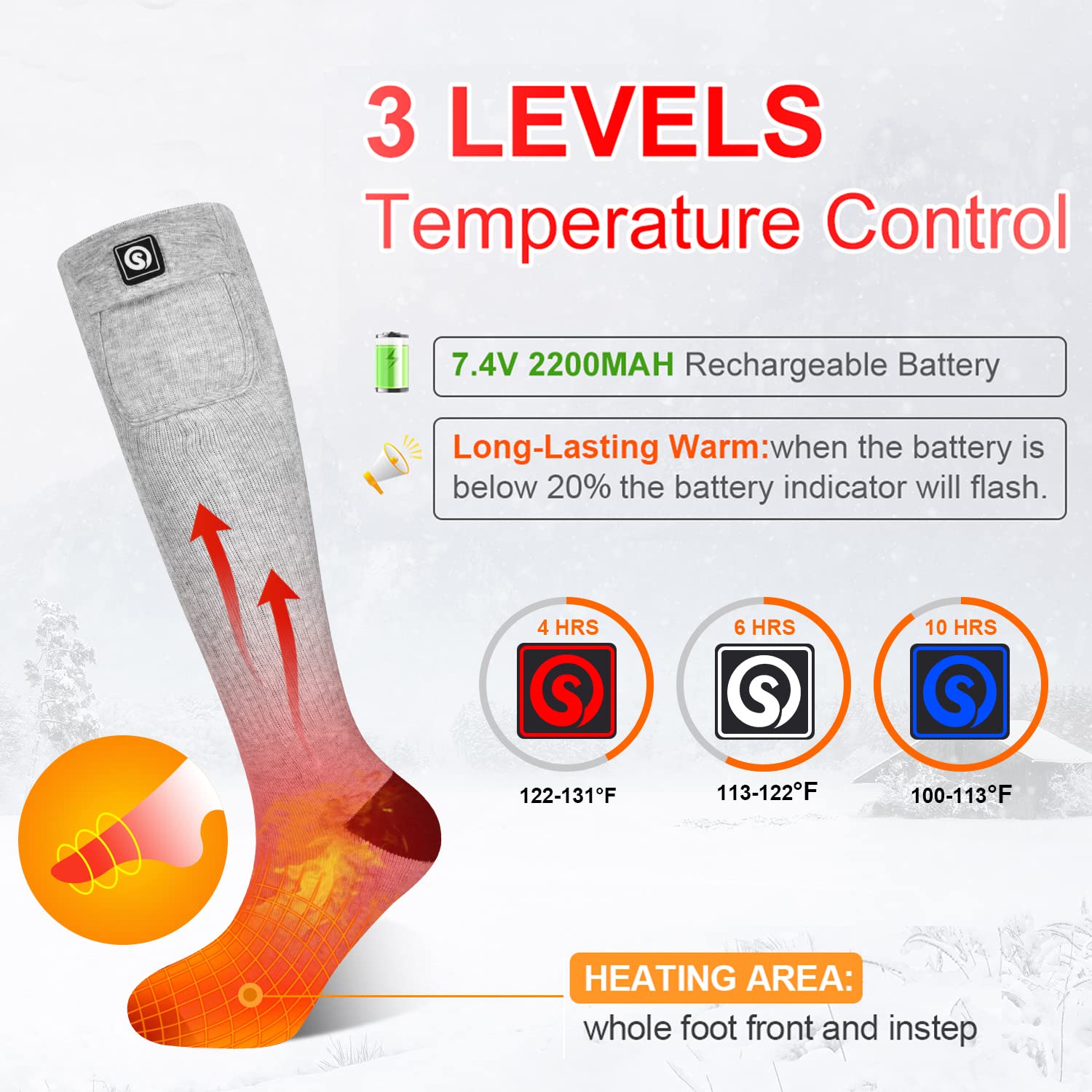 Heated Socks for Men Women,7.4V 2200mah Electric Rechargeable Battery Warm Winter Socks,Cold Weather Thermal Heating Socks Foot Warmers for Hunting Skiing Camping (Gray, Large)