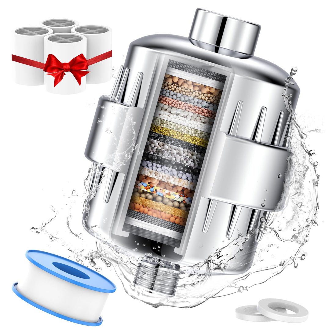 Shower Head Filter for Hard Water - 24 Stage Shower Filter Shower Water Filter with 4 Replaceable Filter Cartridges Protects Your Skin and Hair from Chlorine and Heavy Metals in Water, Chrome