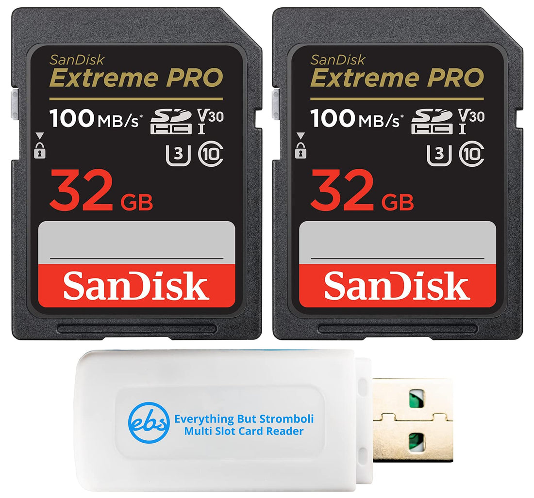 SanDisk 32GB SD Extreme Pro Memory Card (Two Pack) Works with Nikon D3500, D7500, D5600 Digital DSLR Camera (SDSDXXO-032G-GN4IN) Bundle with (1) Everything But Stromboli MicroSDXC & SD Card Reader
