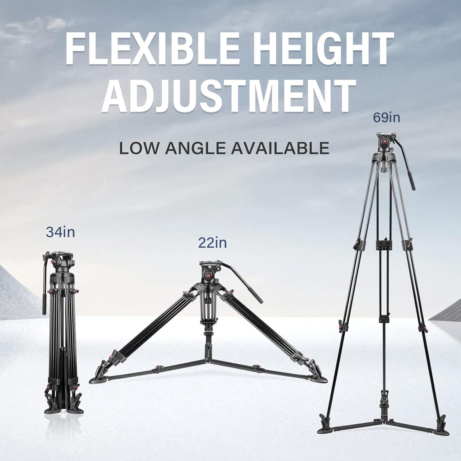 RAUBAY DV-2 Professional Fluid Head Video Tripod System, 69" Heavy Duty Camera Stands with Ground Spreader, Aluminium Twin Leg, QR Plate, Max Load 17lbs for DSLR, Digital Cine Style, Camcorder