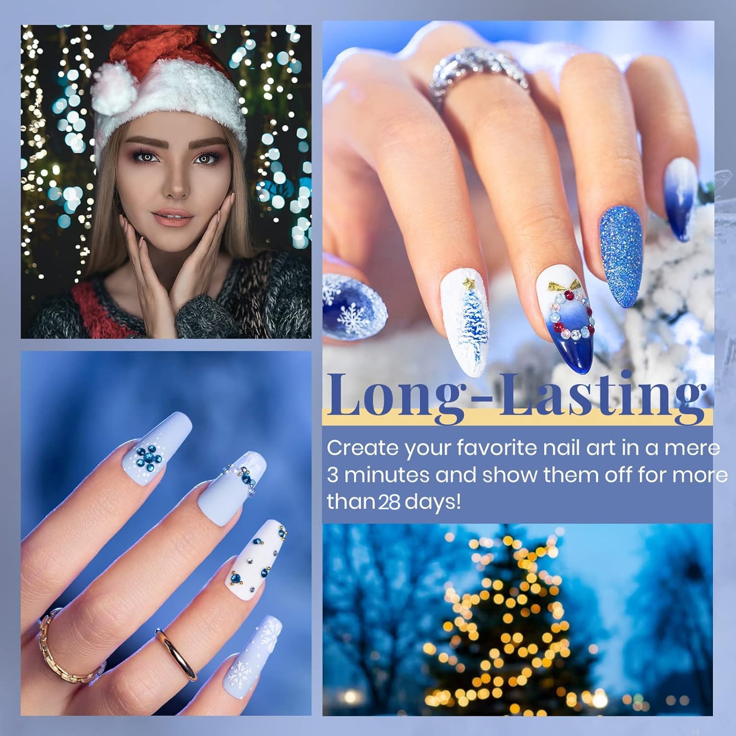 Beetles Christmas Gel Nail Polish Set- Glitter White Gel Polish Kit Soak Off LED UV Nail Lamp Blue Silver Gel Polish Gift with Reinforcement Gel Design Nail Sticker Decals Snowflakes Nail Decoration