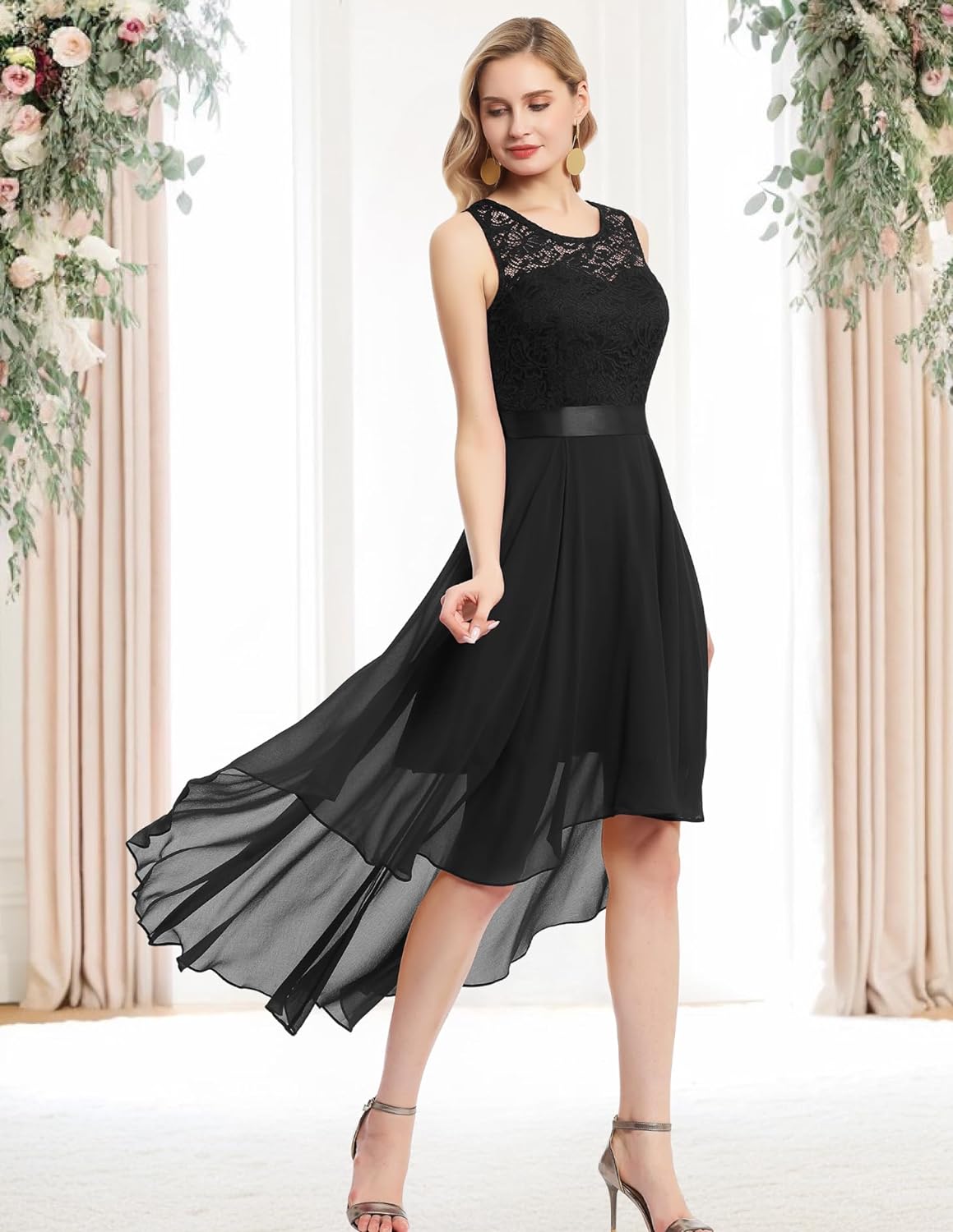 BeryLove Women's Floral Lace Chiffon Bridesmaid Formal Dress Hi-Lo Swing Party Dress 35BlackXS