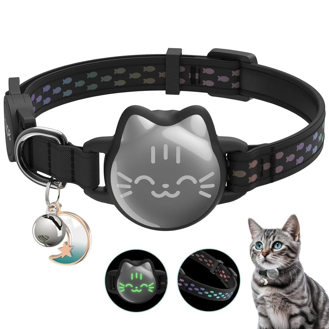 Waterproof Airtag Cat Collar, Breakaway Cat Airtag Collar with Luminous & Reflective Fish Pattern, Lightweight Kitten Collar for Apple Air tag, Hidden GPS Tracker Holder for Cats, Kittens(9-13")