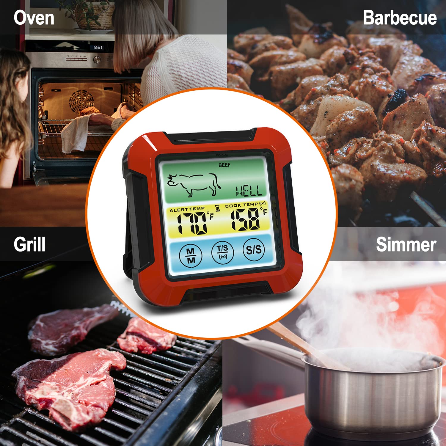 Digital Meat Thermometer with Taste Setting, Timer, Alarm and Magnetic Back, 1 Wired Probe Leave in Oven Grill Safe BBQ Smoker Kitchen Food Thermometer