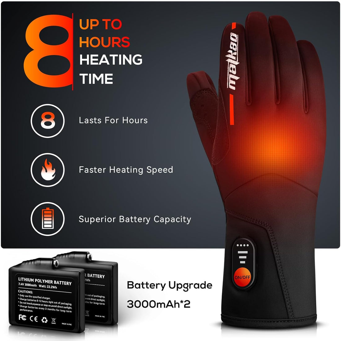 Heated Gloves for Men Women Rechargeable, 3000mAh Heated Motorcycle Gloves with Battery, Electric Heated Work Gloves Liners, Touch Screen Winter Gloves Warmer for Cycling, Motorcycle, Skiing, Hunting