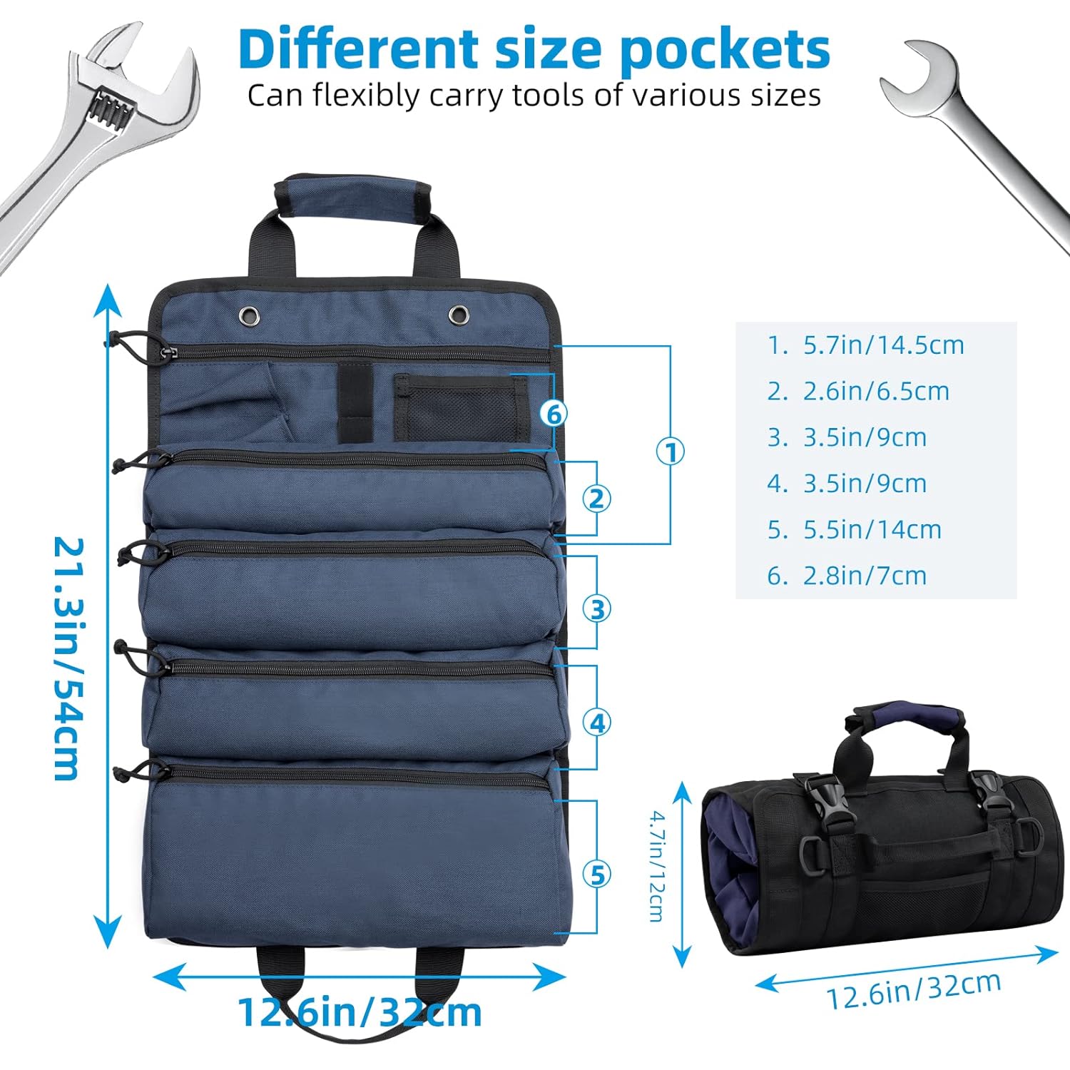 Koolertron Roll Up Tool Bag Organizer, Multi Tool Wrench Roll Tool Storage Bag, 4 Zippers Waterproof Canvas Roll Tool Pockets Bag for Mechanic/Electrician, Tool Roll Pouch