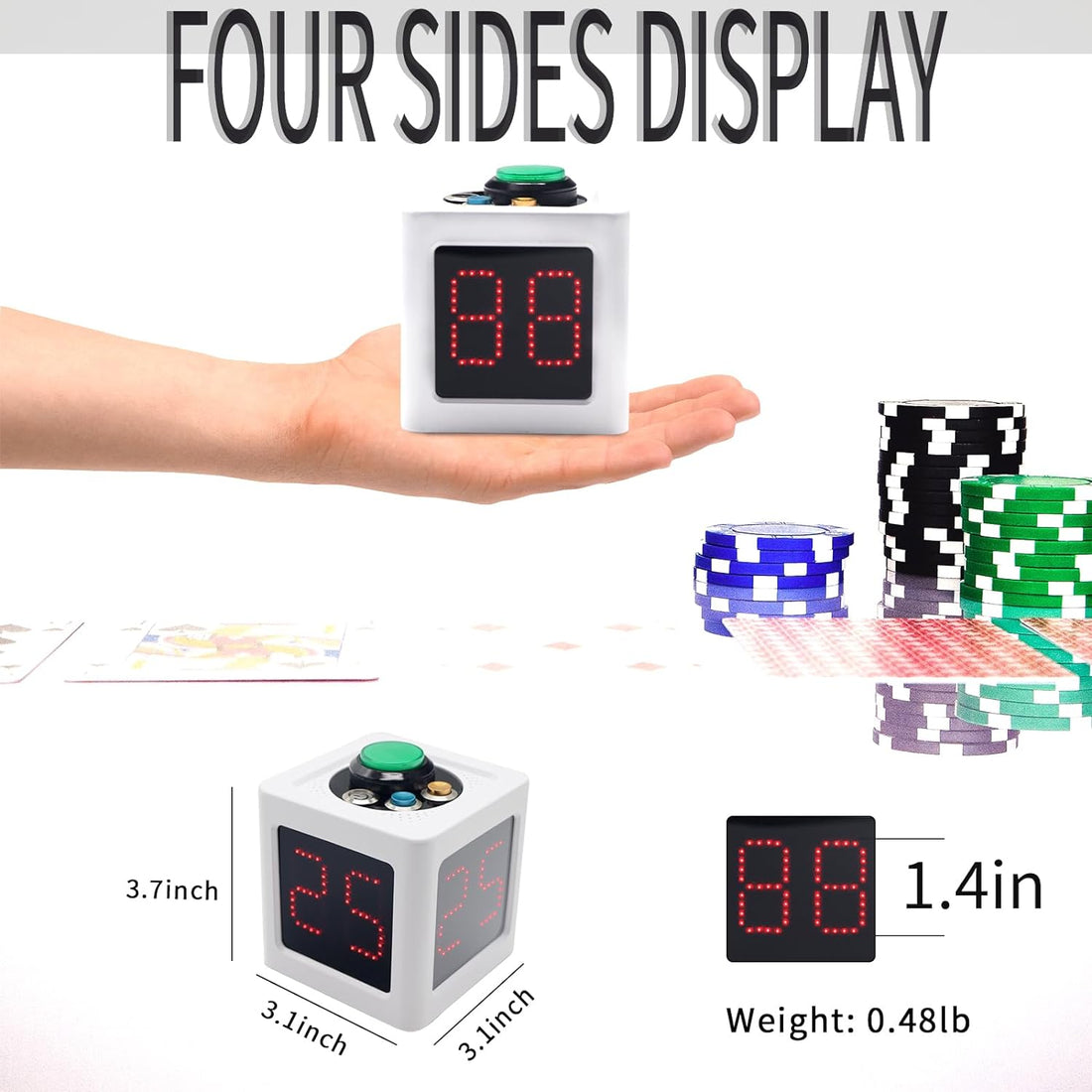 LUCKY TIME Poker Timer Shot Clock, Board Games Cube Timer, Countdown Stopwatch with 2 Sets of Custom Preset Timer for Poker/Chess/Mahjong/Party Games,4 Side Screen Display (White)
