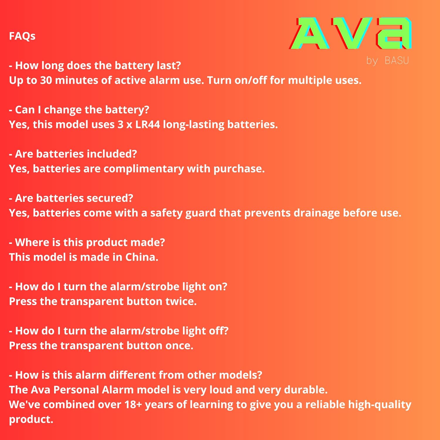 Ava Personal Alarm by BASU® 140dB All Ages, Use in Any Emergency, Extra Loud, Batteries Included (Pink)