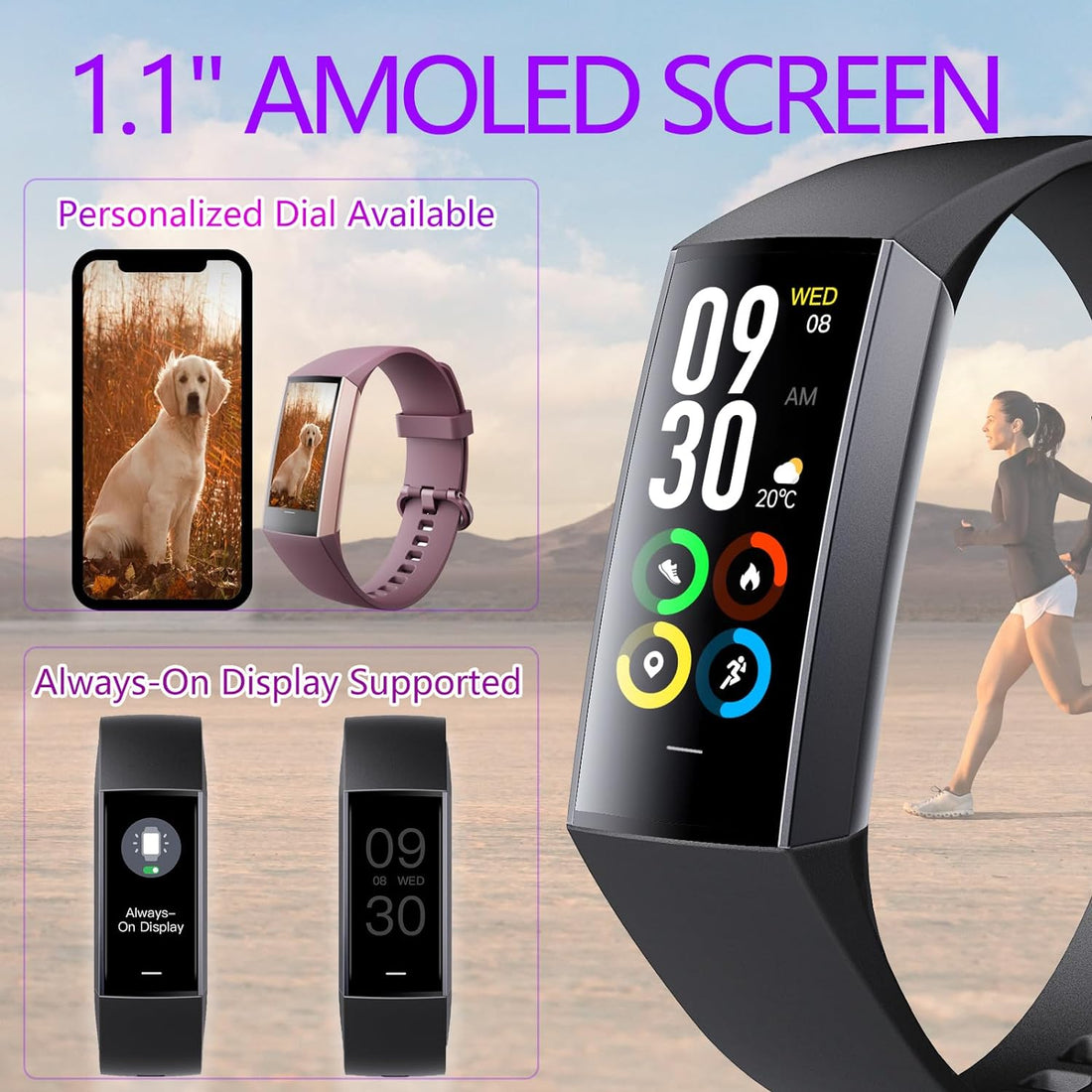 TUSLOT Activity Trackers for Women Men 1.1''AMOLED Screen Fitness Watches with Heart Rate Blood Pressure Sleep Monitor Calorie Tracking Step Counter Smart Band for Android and iPhone (purple2)