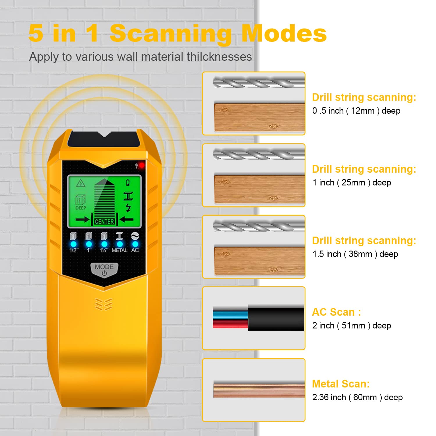 Stud Finder Wall Scanner 5 in 1 Upgraded Electronic Wall Scanner with Intelligent Microprocessor Chip,Batteries, Spirit Level Wood Metal and AC Wire Detection, HD LCD Display and Audio Alarm (Yellow)