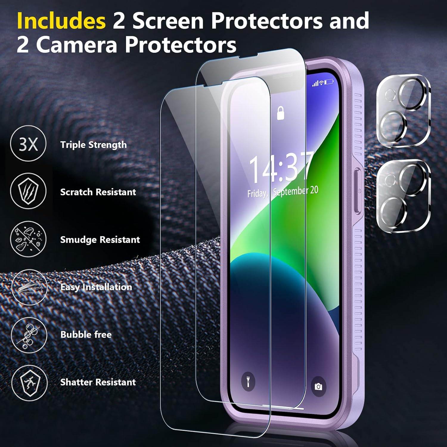 SPIDERCASE for iPhone 14 Case, [10 FT Military Grade Drop Protection][Non-Slip] [2+Tempered Glass Screen Protector][2+Tempered Camera Lens Protector] Shockproof Case, Light Purple