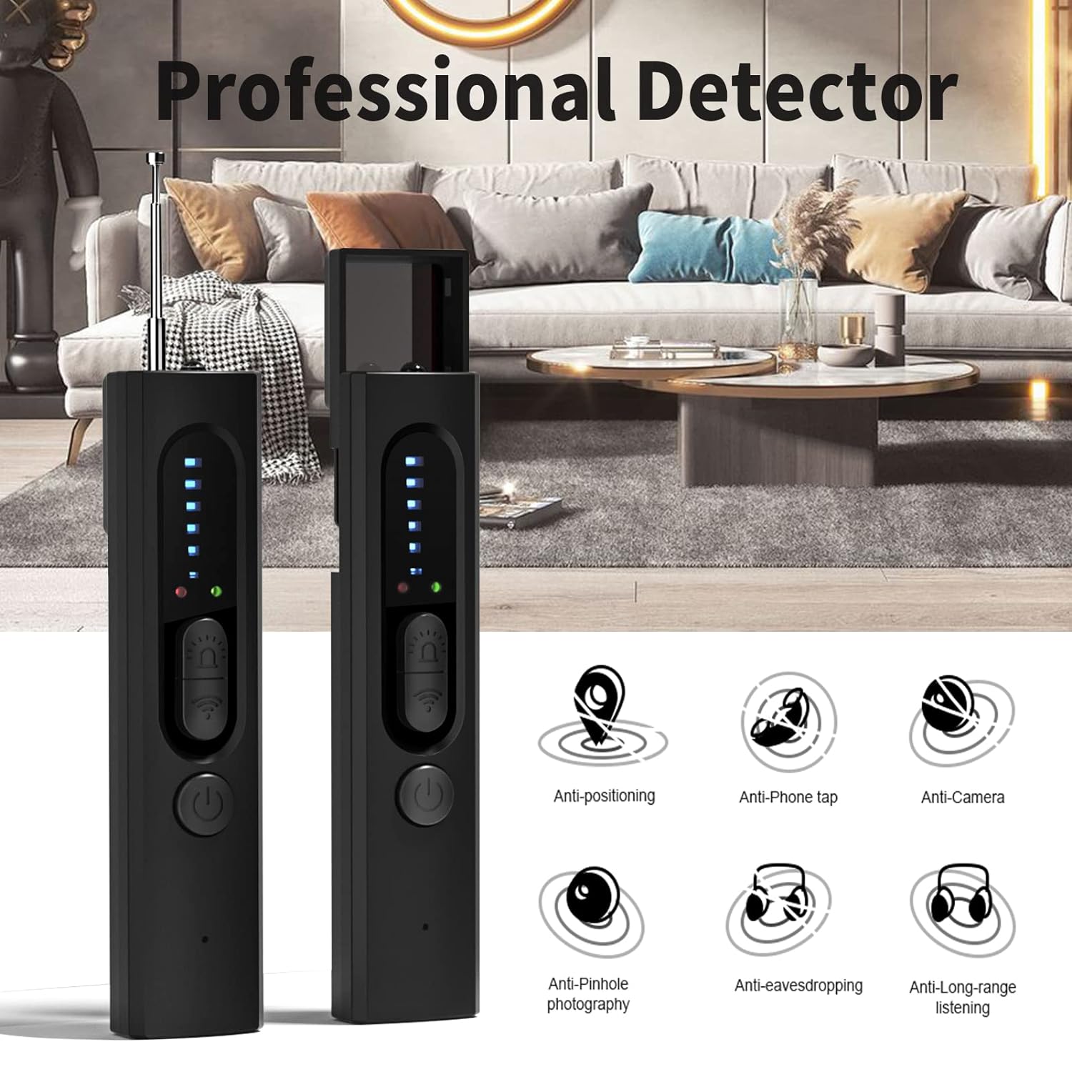 Hidden Camera Detectors, Anti Spy Detector, Bug Detector, Camera Detector, Privacy Protector, GPS Detector, RF Signal Detector, Listening Device Detector, 5 Levels Sensitivity, 4 Professional Modes